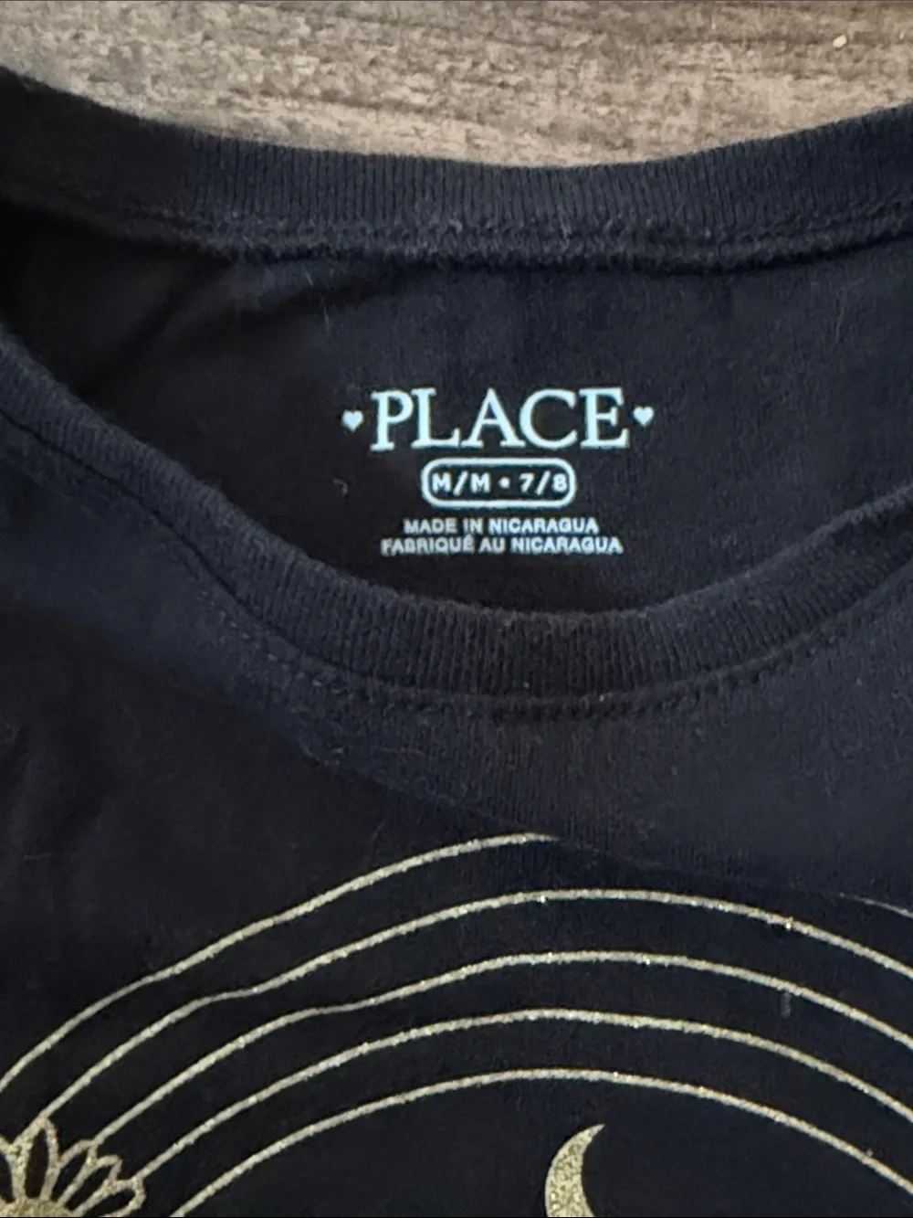 The Children's Place Black Tee with Pink & Gold Unicorn Heart Design size 7/8